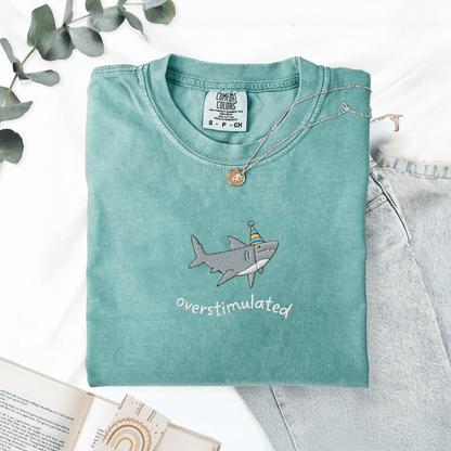 Pine Spice Books Overstimulated Shark Embroidered T-Shirt Overstimulated Shark Embroidered T-Shirt