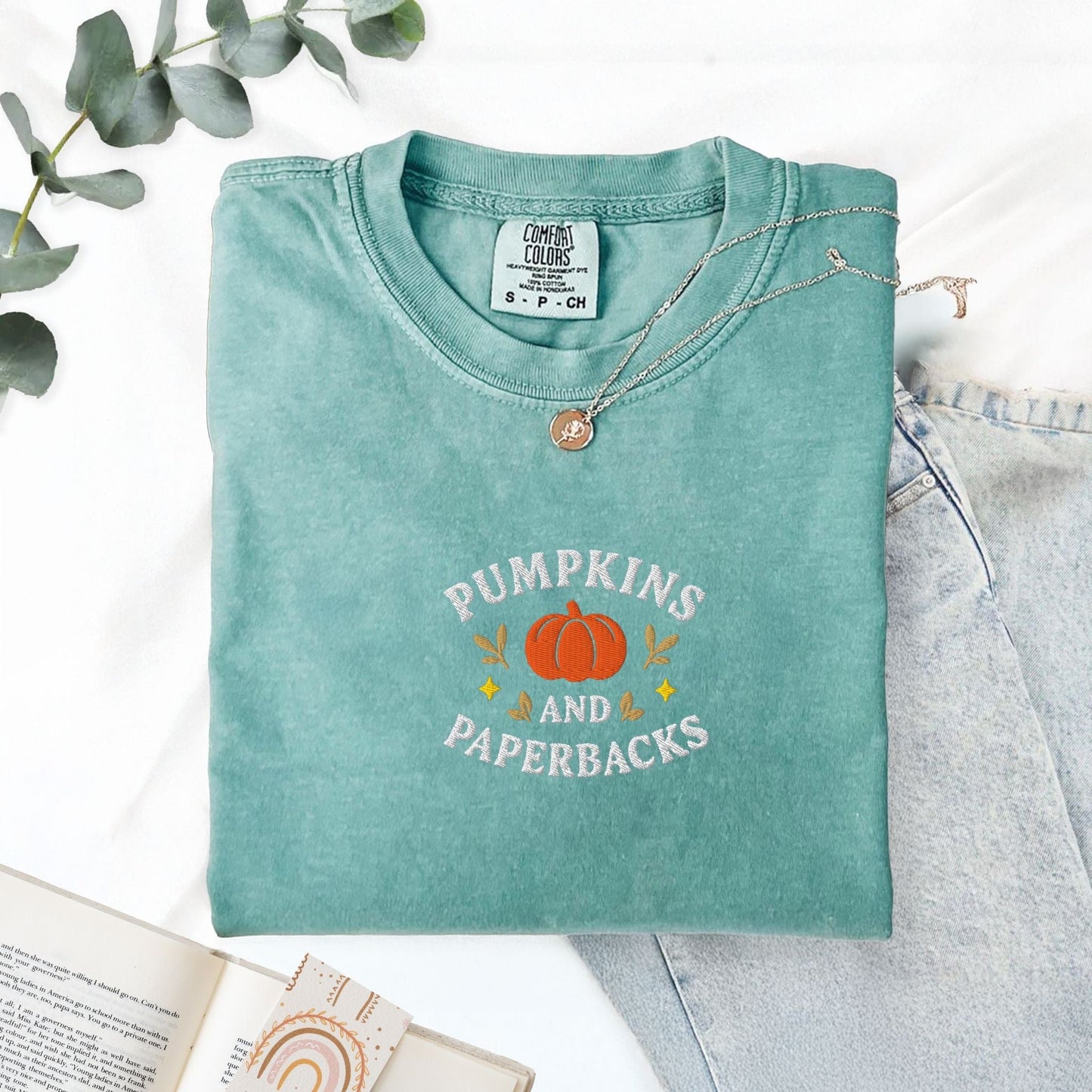 Pine Spice Books Pumpkins and Paperbacks Embroidered T-Shirt Pumpkins and Paperbacks Embroidered T-Shirt