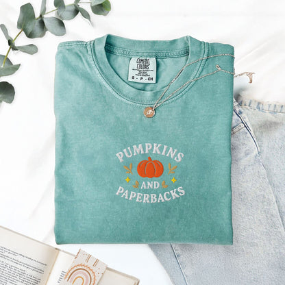 Pine Spice Books Pumpkins and Paperbacks Embroidered T-Shirt Pumpkins and Paperbacks Embroidered T-Shirt