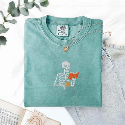 Pine Spice Books Skeleton Reading a Book T-Shirt Skeleton Reading a Book T-Shirt