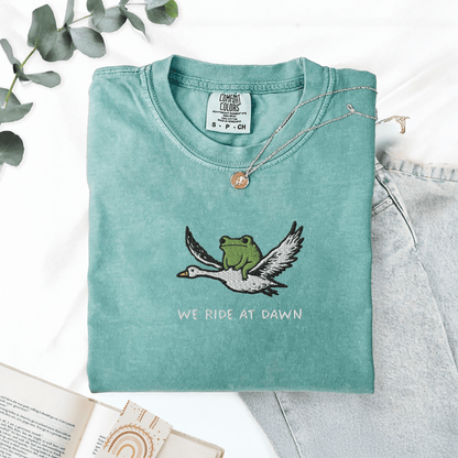 Pine Spice Books We Ride At Dawn Frog Goose Embroidered T-Shirt We Ride At Dawn Frog Goose Embroidered T-Shirt