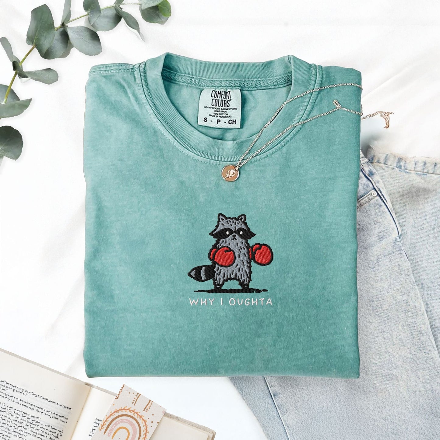 Pine Spice Books Why I Oughta Raccoon Embroidered T-Shirt Why I Oughta Raccoon Embroidered T-Shirt