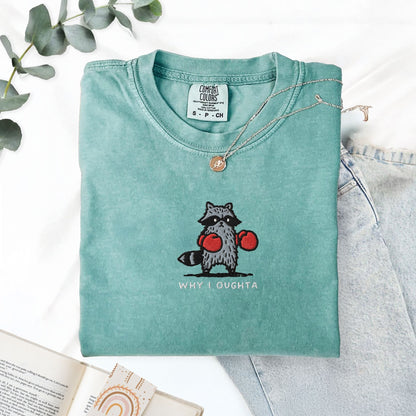 Pine Spice Books Why I Oughta Raccoon Embroidered T-Shirt Why I Oughta Raccoon Embroidered T-Shirt