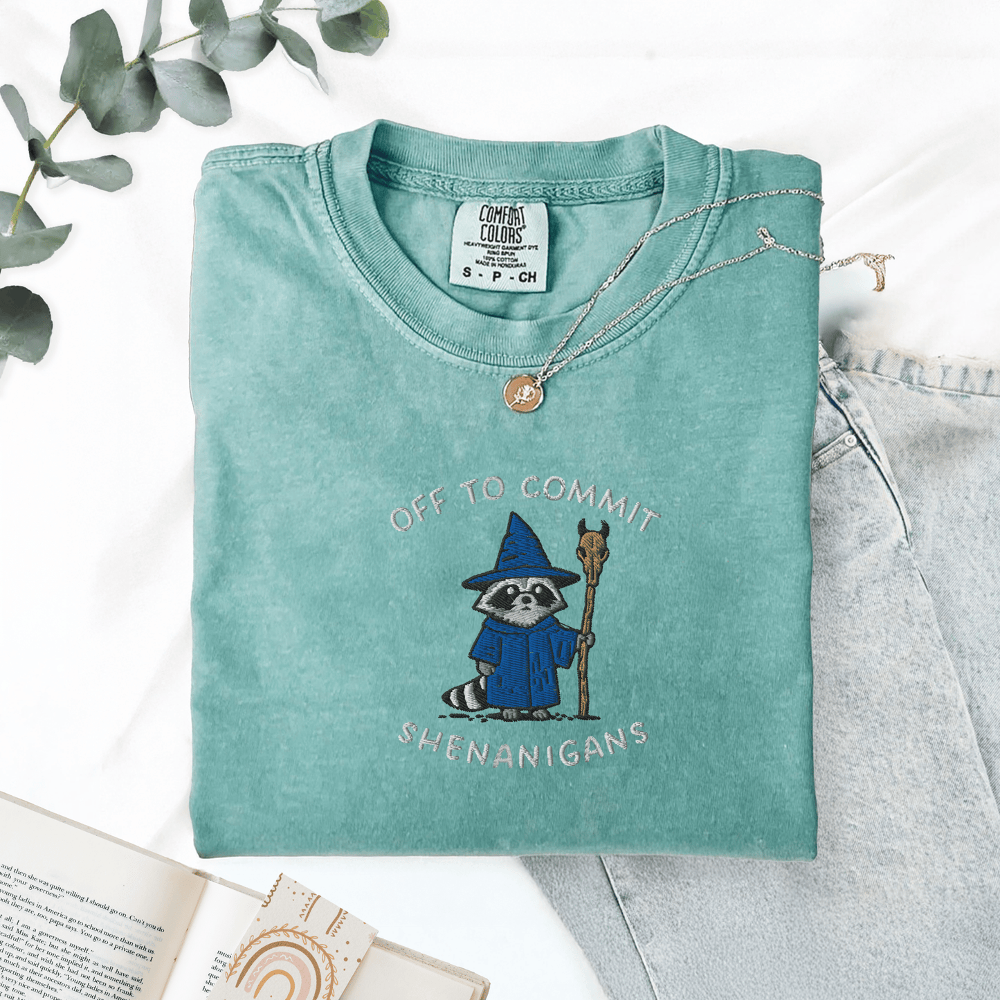 Pine Spice Books Wizard Raccoon Embroidered T-Shirt Wizard Raccoon Embroidered T-Shirt