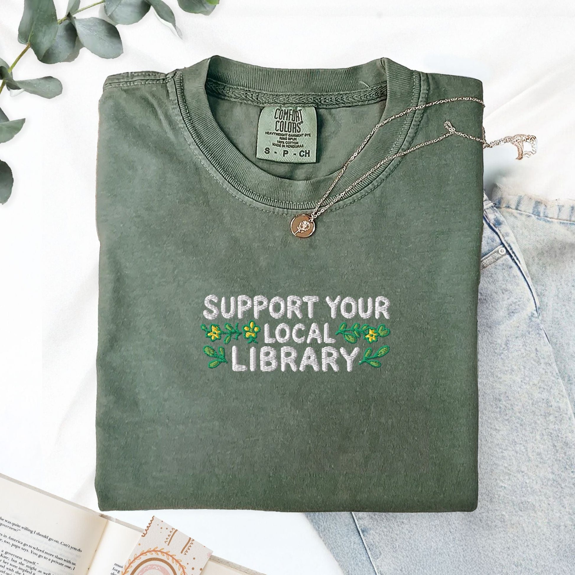 Pine Spice Books Support Your Local Library Embroidered T-Shirt Support Your Local Library Embroidered T-Shirt