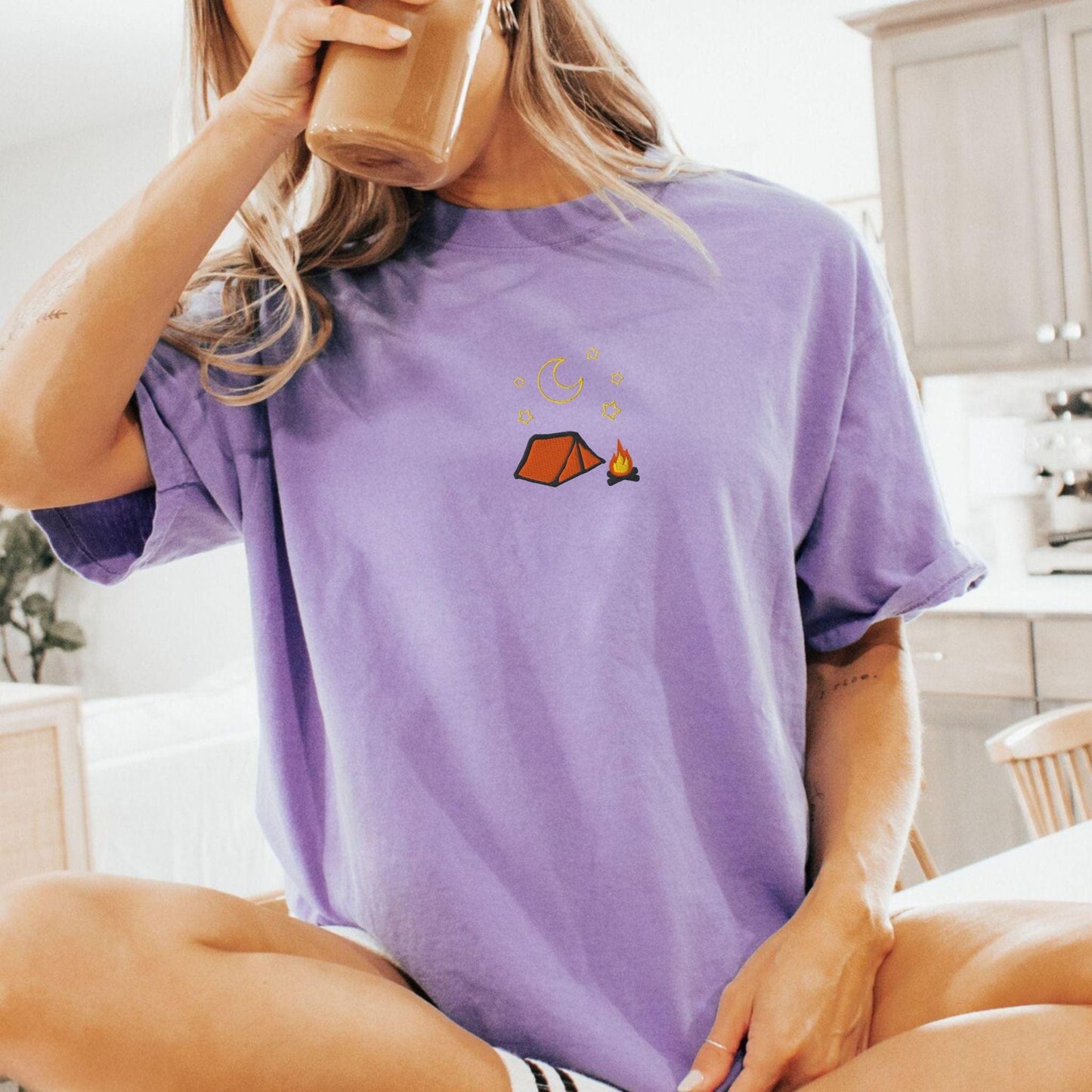 Pine Spice Books Cozy Embroidered Camping T-Shirt Cozy Embroidered Camping T-Shirt