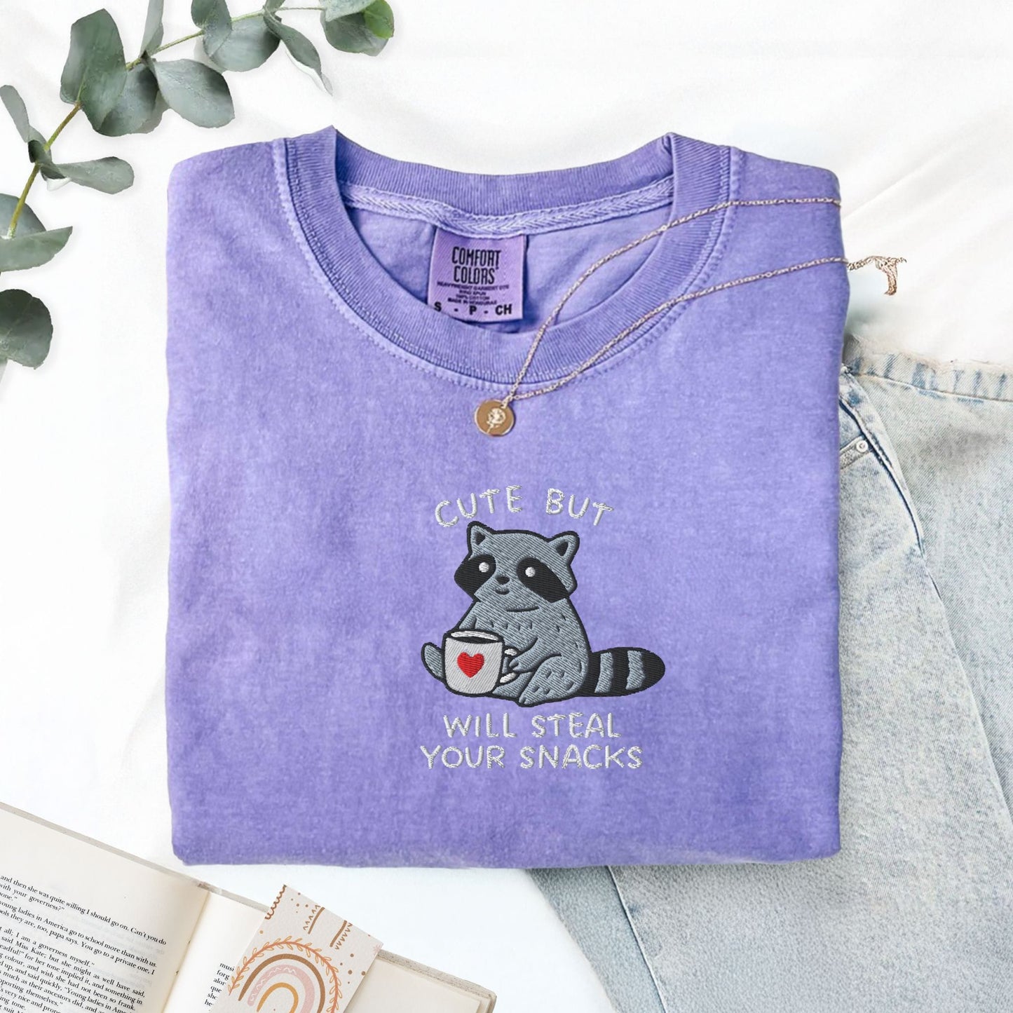 Pine Spice Books Cute But Will Steal Your Snacks Raccoon Embroidered T-Shirt Cute But Will Steal Your Snacks Raccoon Embroidered T-Shirt