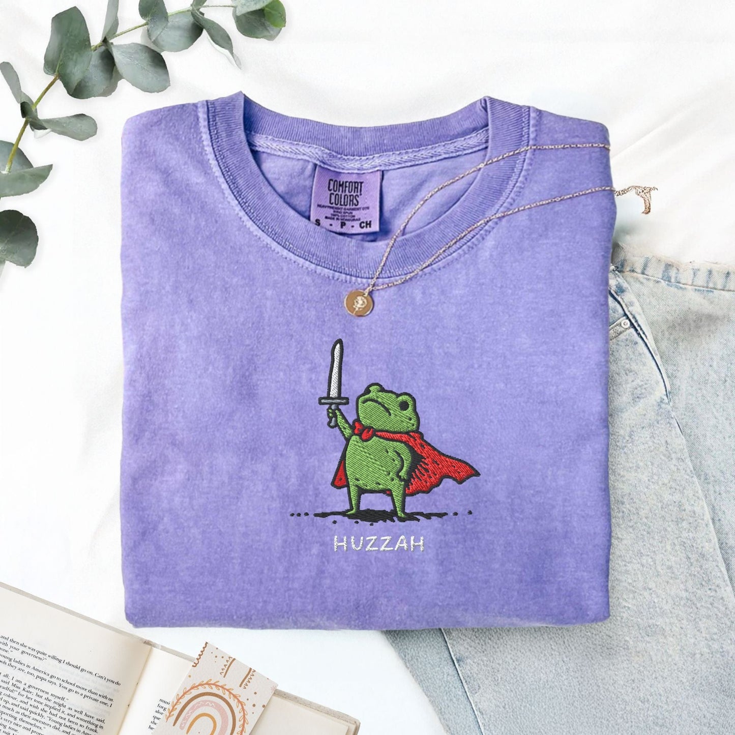 Pine Spice Books Huzzah Frog Embroidered T-Shirt – Comfort Colors 1717 Huzzah Frog Embroidered T-Shirt – Comfort Colors 1717