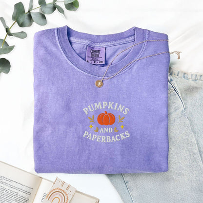 Pine Spice Books Pumpkins and Paperbacks Embroidered T-Shirt Pumpkins and Paperbacks Embroidered T-Shirt
