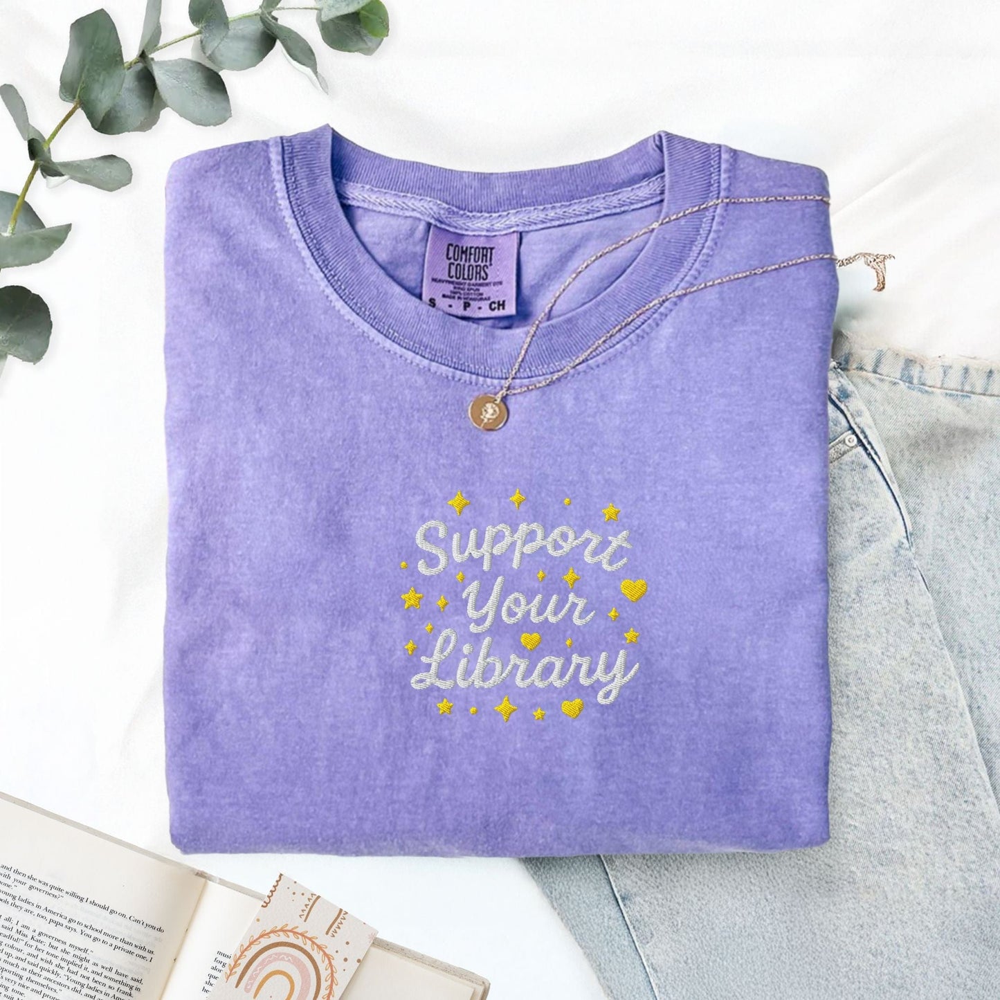 Pine Spice Books Support Your Library Embroidered T-Shirt Support Your Library Embroidered T-Shirt