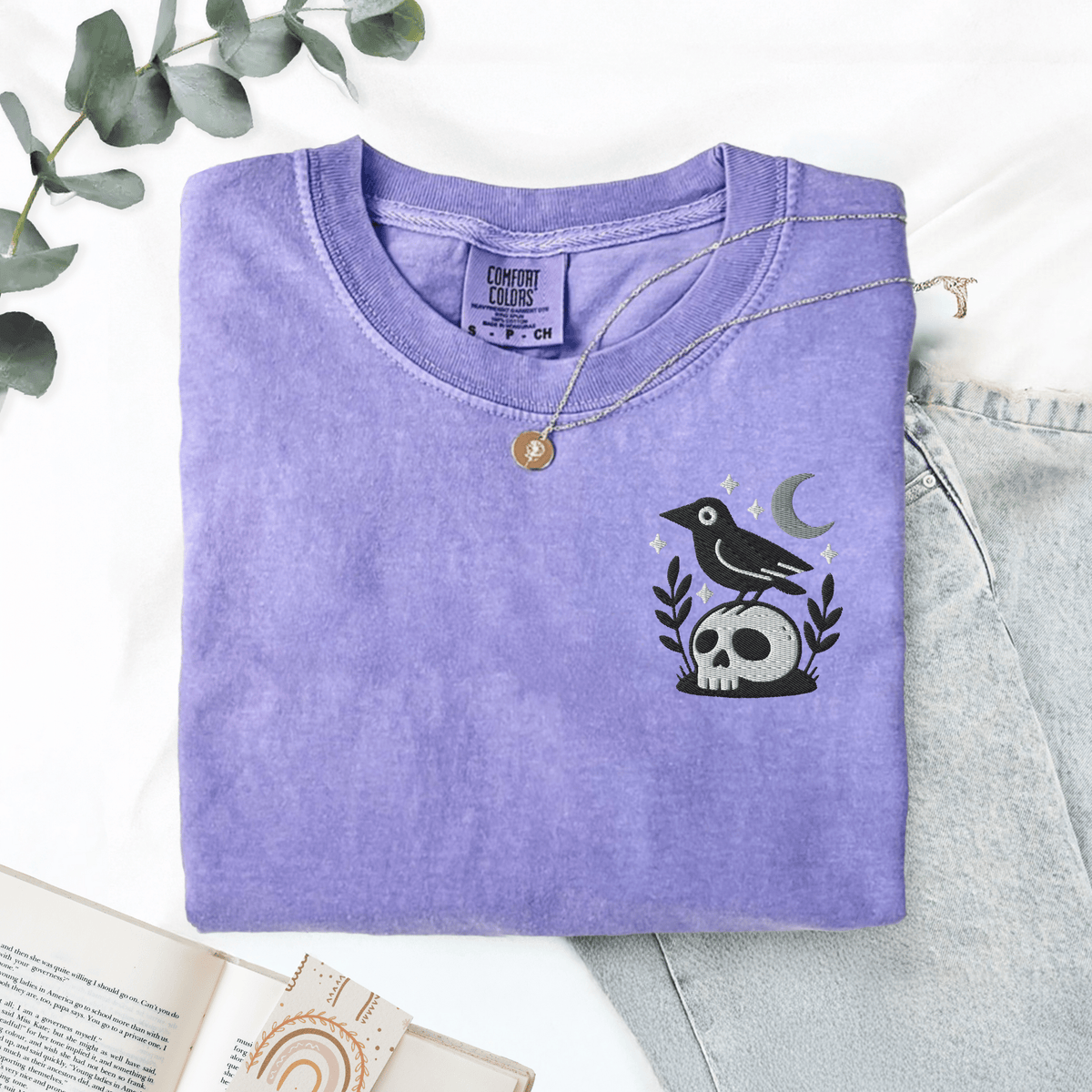 Pine Spice Books Witchy Crow Embroidered T-Shirt Witchy Crow Embroidered T-Shirt