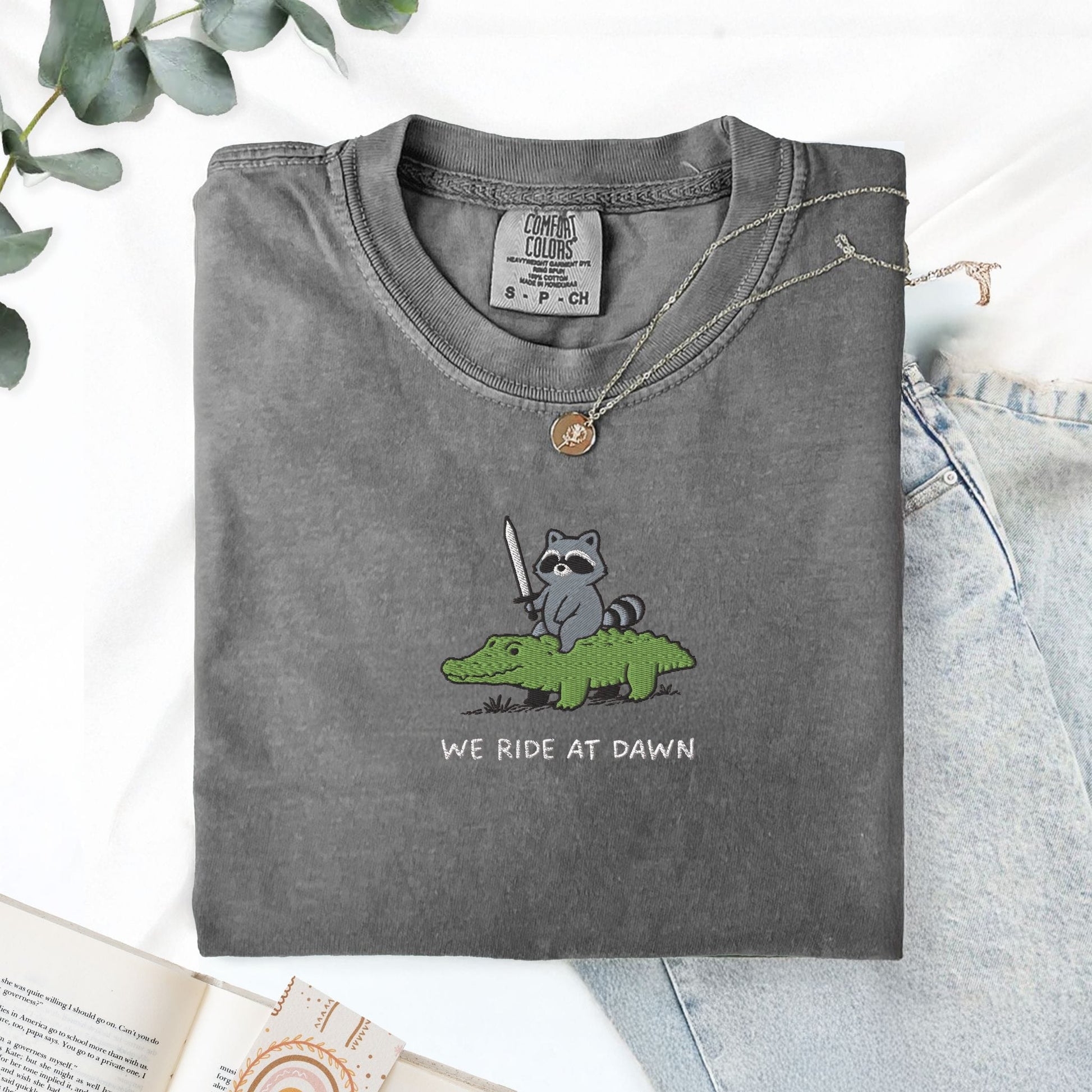 Pine Spice Books We Ride At Dawn Raccoon And Alligator Embroidered T-Shirt We Ride At Dawn Raccoon And Alligator Embroidered T-Shirt