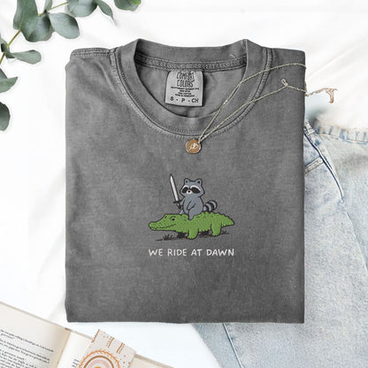 Pine Spice Books We Ride At Dawn Raccoon And Alligator Embroidered T-Shirt We Ride At Dawn Raccoon And Alligator Embroidered T-Shirt