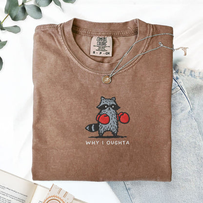 Pine Spice Books Why I Oughta Raccoon Embroidered T-Shirt Why I Oughta Raccoon Embroidered T-Shirt