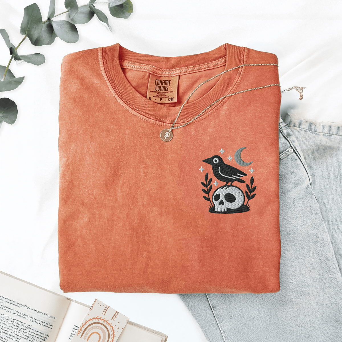 Pine Spice Books Witchy Crow Embroidered T-Shirt Witchy Crow Embroidered T-Shirt