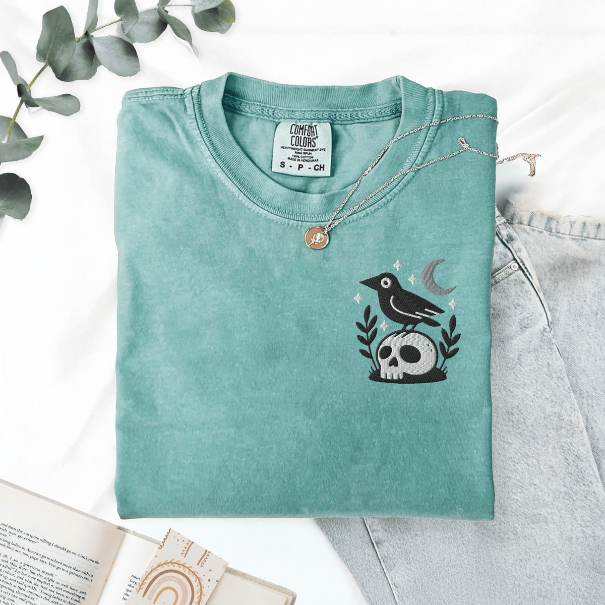 Pine Spice Books Witchy Crow Embroidered T-Shirt Witchy Crow Embroidered T-Shirt