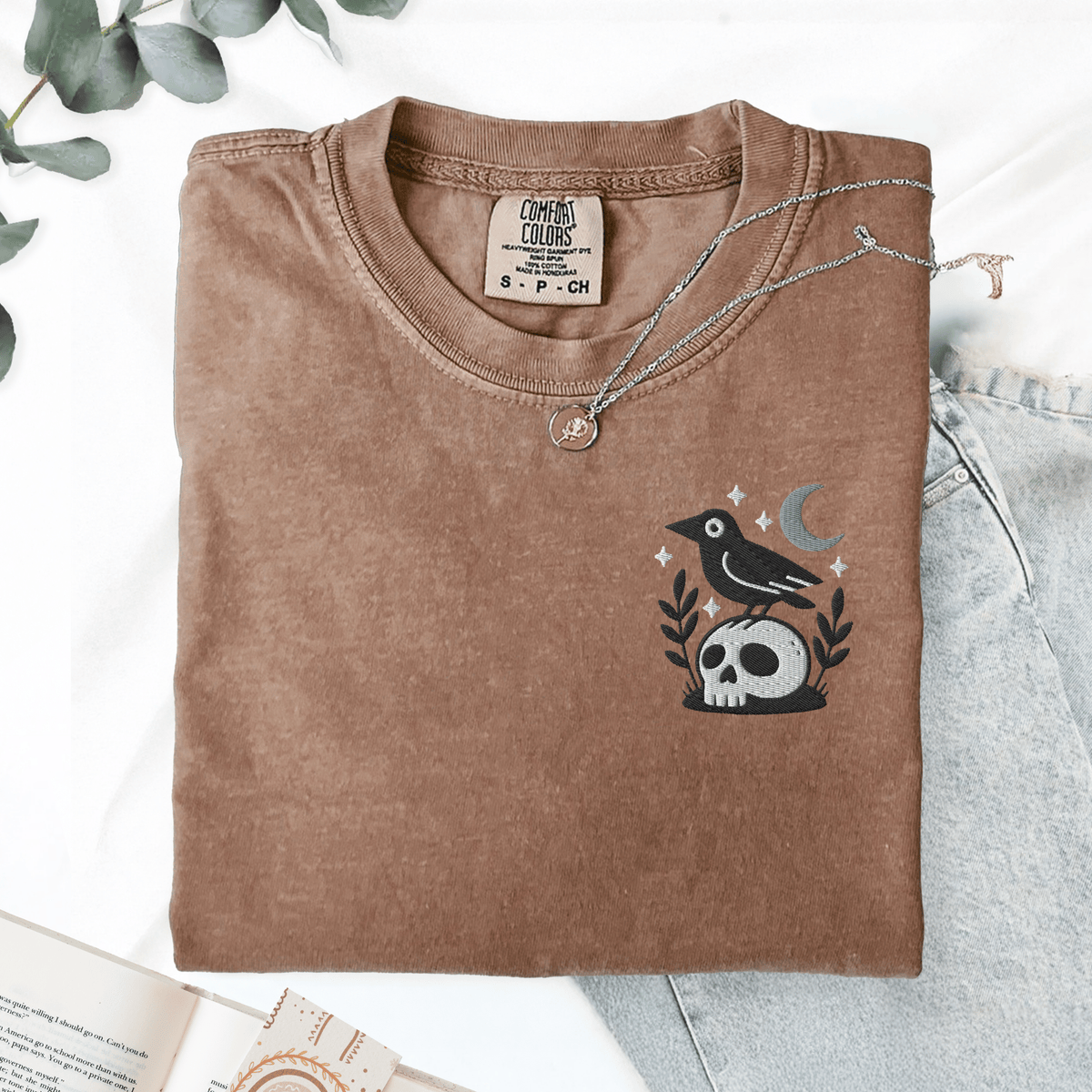 Pine Spice Books Witchy Crow Embroidered T-Shirt Witchy Crow Embroidered T-Shirt
