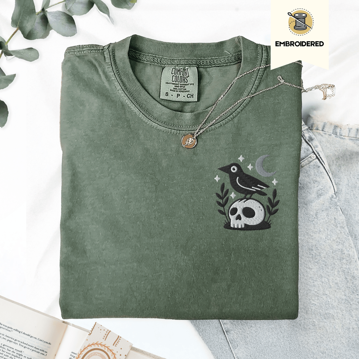Pine Spice Books Witchy Crow Embroidered T-Shirt Witchy Crow Embroidered T-Shirt