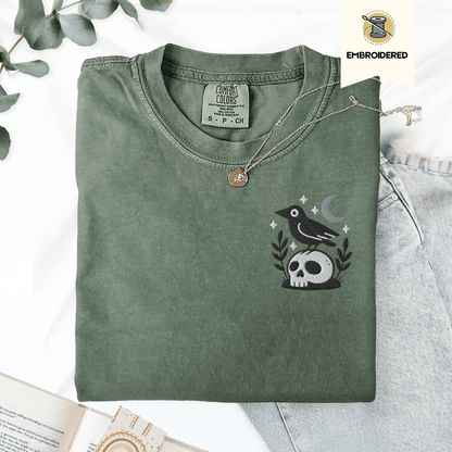Pine Spice Books Witchy Crow Embroidered T-Shirt Witchy Crow Embroidered T-Shirt