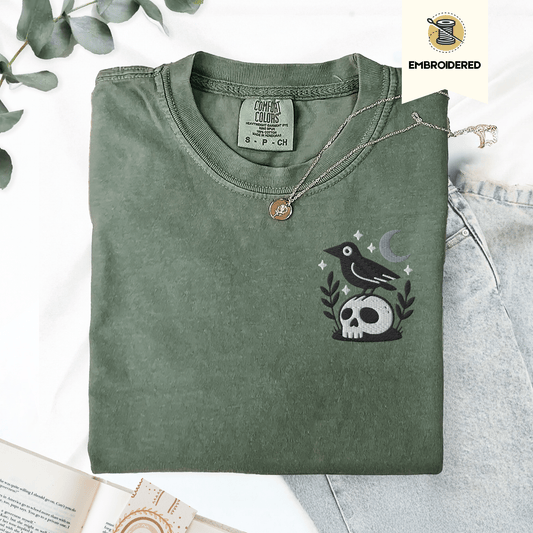 Pine Spice Books Witchy Crow Embroidered T-Shirt Witchy Crow Embroidered T-Shirt