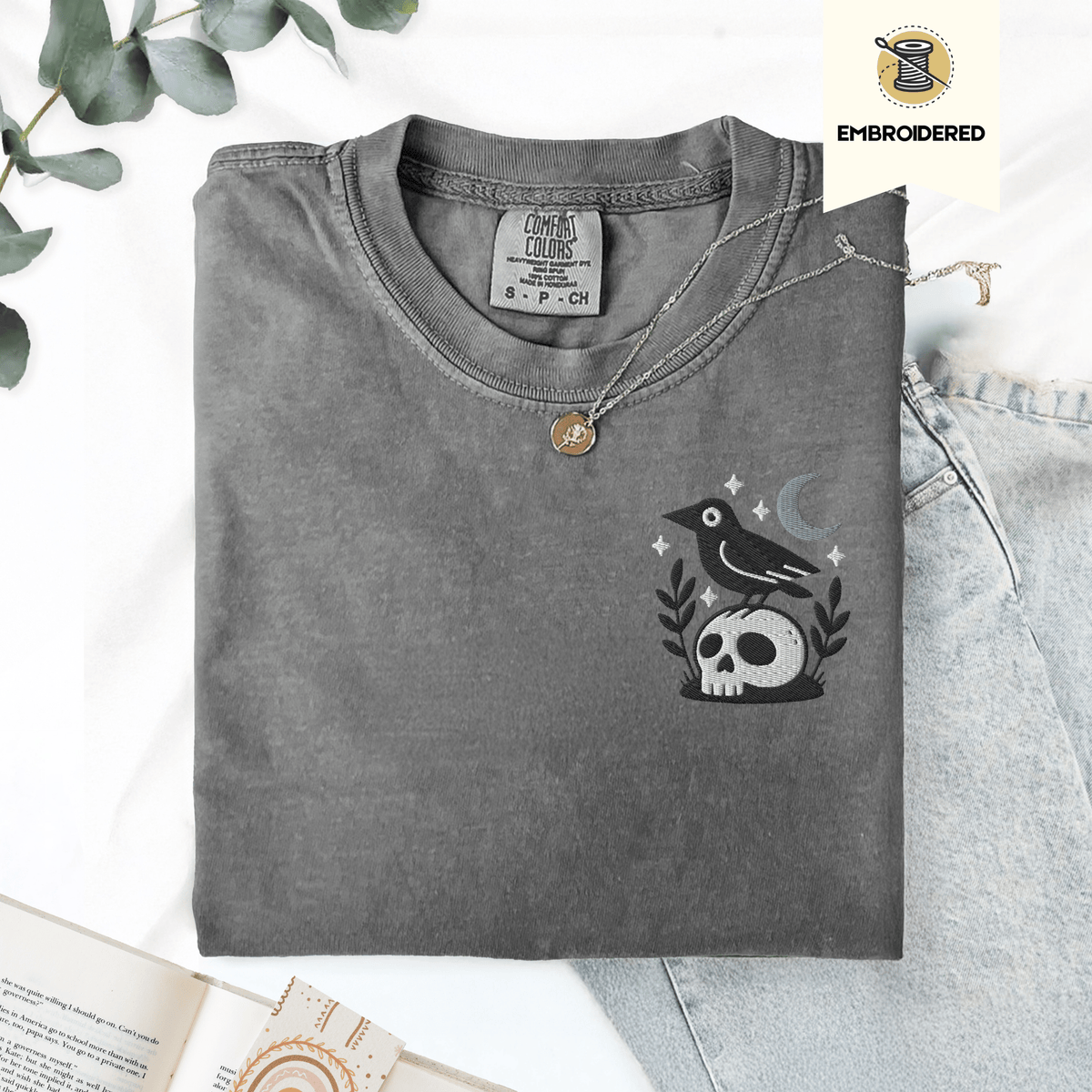 Pine Spice Books Witchy Crow Embroidered T-Shirt Witchy Crow Embroidered T-Shirt