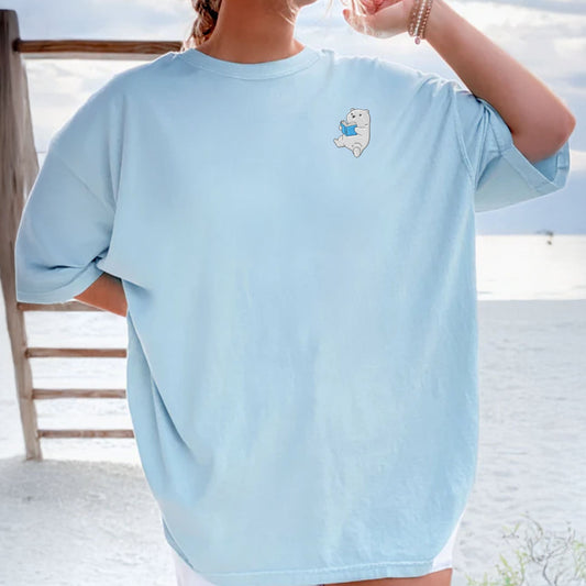 Embroidered Polar Bear Reading a Book Comfort Colors Shirt